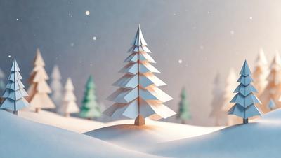 The primary subject of the image is a paper cutout of a Christmas tree. The tree is placed in a snowy environment, which adds to the festive and wintery atmosphere of the scene. The visual style of the image is a combination of digital art and illustration, as the paper cutout is skillfully crafted to resemble a real tree. The colors and mood of the image are predominantly white and snowy, with the tree being the main focal point and the snowy background providing a sense of tranqu